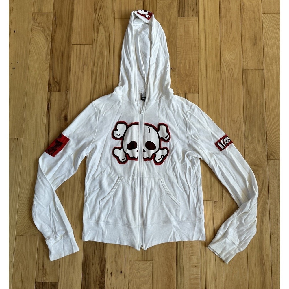 Icon Skull White Jacket Hood Motorcycle Women's XL Made In USA #7 READ